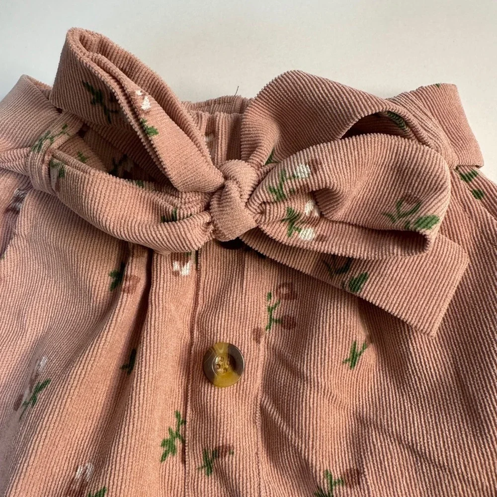 Girls Pink Corduroy Floral Paperbag Waist Button Front Skirt Size 4